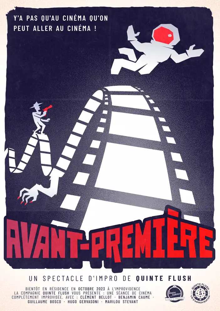 Avant-Première poster : on a floating film reel, an astronaut tries to escape the fire of a cowboy while a monstery hand looms below