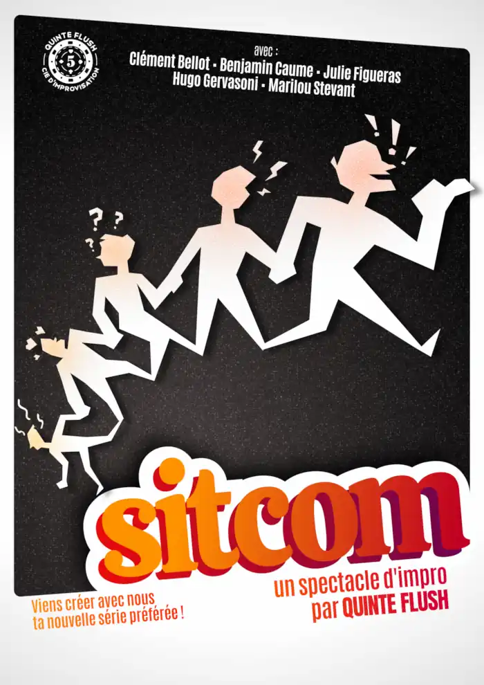 Sitcom poster: five paper-chain people with varying emotions are busting out of the frame