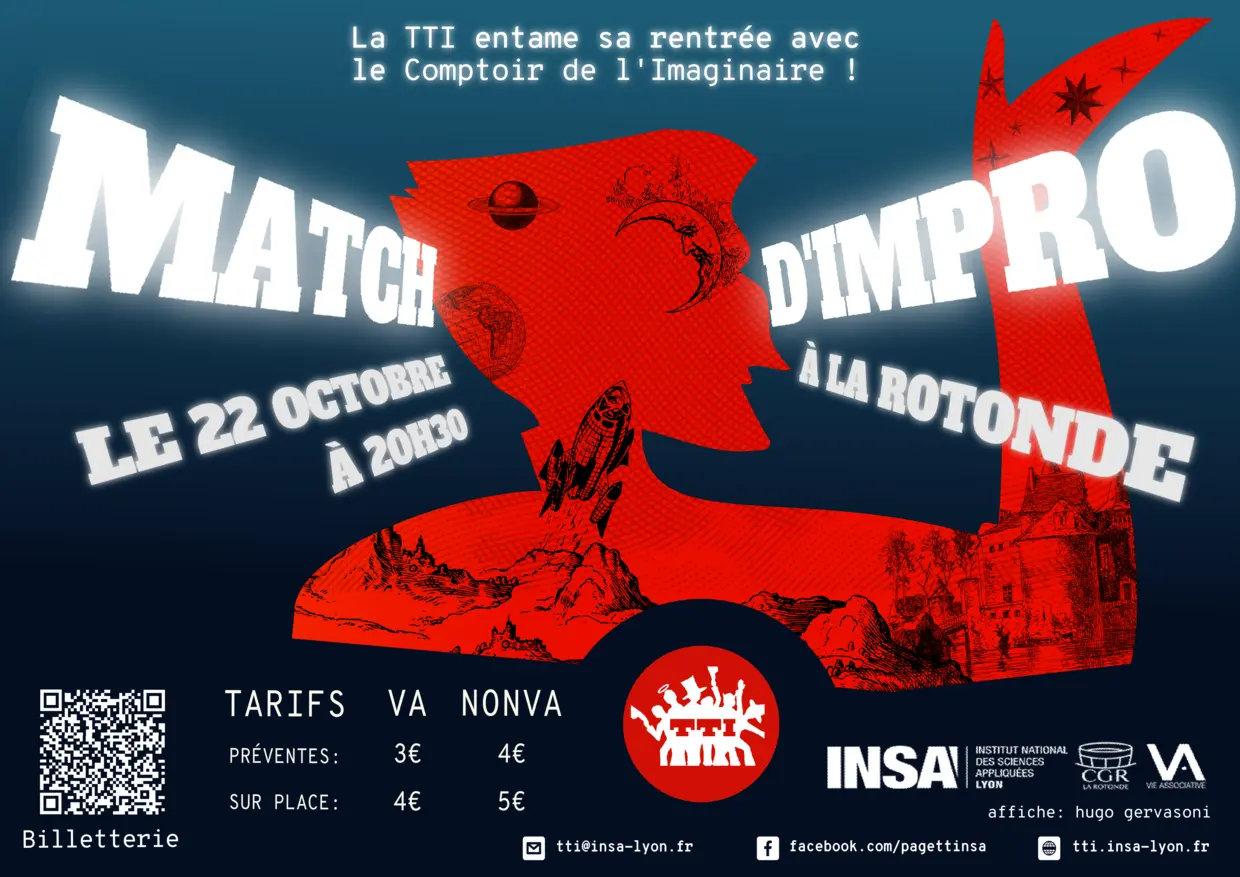 a red silhouette is speaking, surrounded by big glowing text saying Match d'Impro