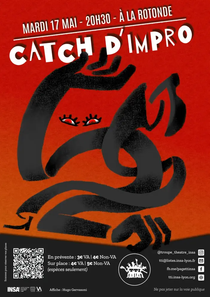 Some sort of antropomorphic creature with rubbery interwoven arms and legs, seems to be holding the title of the poster, spelling "Catch d'Impro". It has a pair of hovering red eyes.