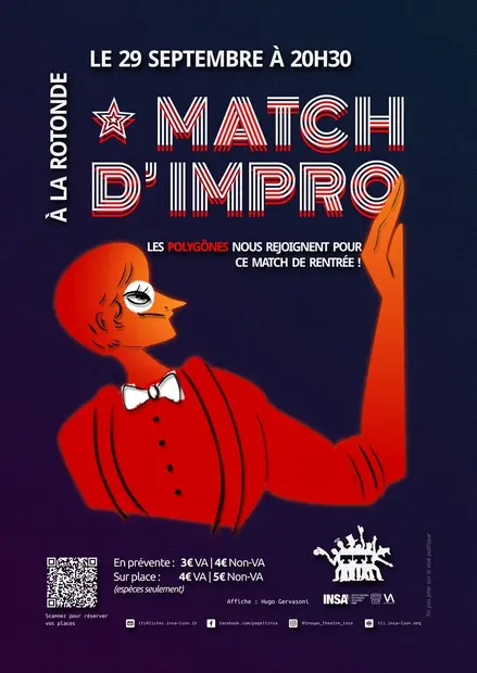 A red, almost glowing non-binary character is faintly smiling while looking at the big title "Match d'Impro", meaning Improv Match. They're wearing a white bowtie and their eye is highlighted in white.