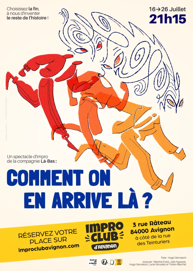 Poster for an improv show. Three figures are running in the same direction, their heads are threads that intermingle with each other, only showing their eyes.
