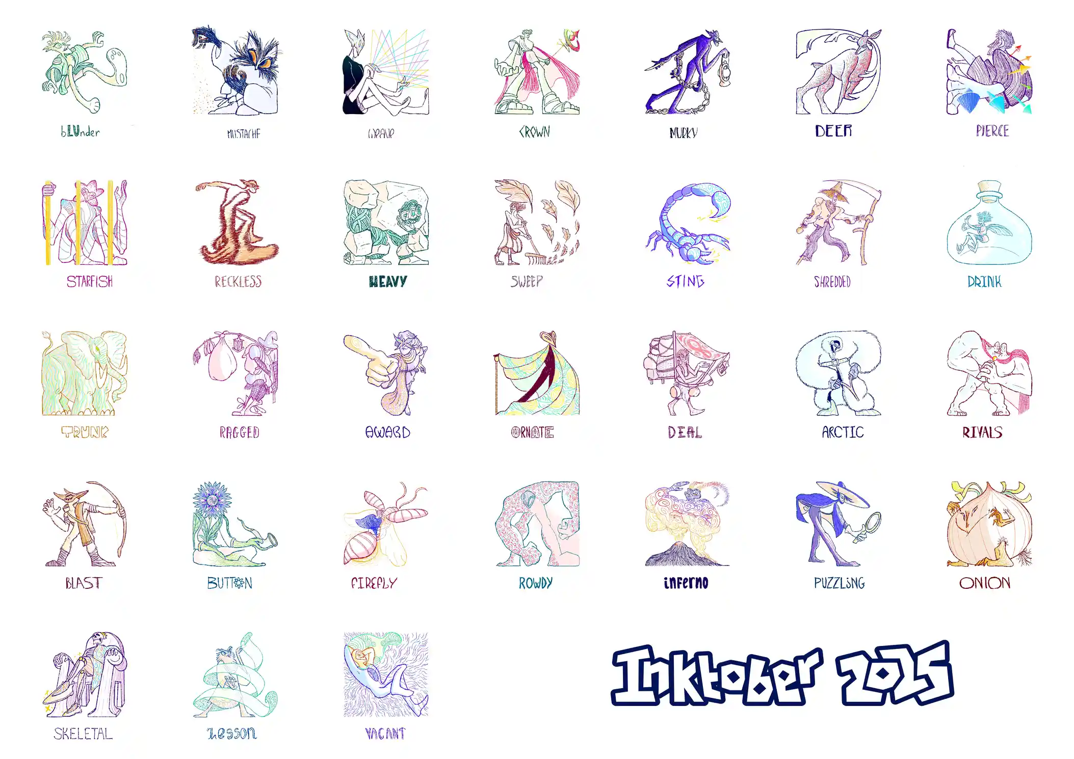 Poster containing 31 illustrations for Inktober 2025