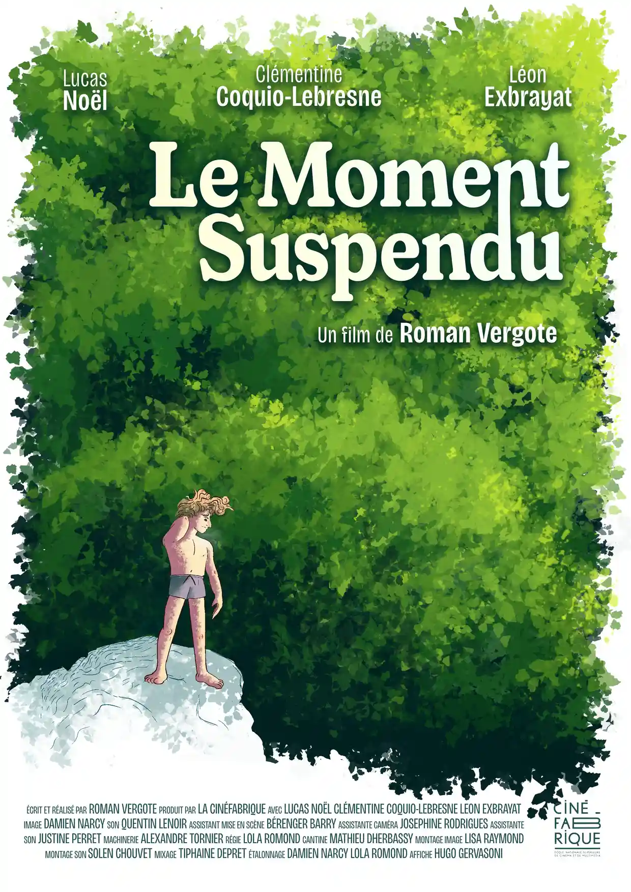 Poster for a short movie. Surrounded by looming vegetation, a young man in a bathing suit seems hesitant to jump from the big rock he's on.