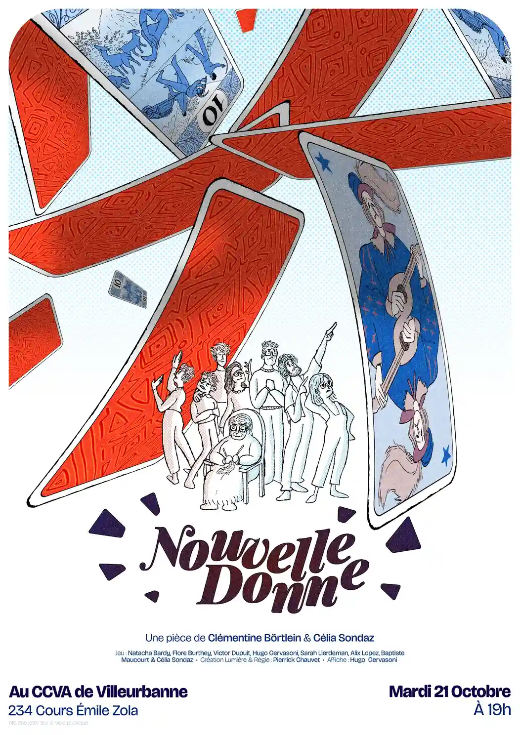 Poster for a play. A family is huddling under a crumbling house of cards.